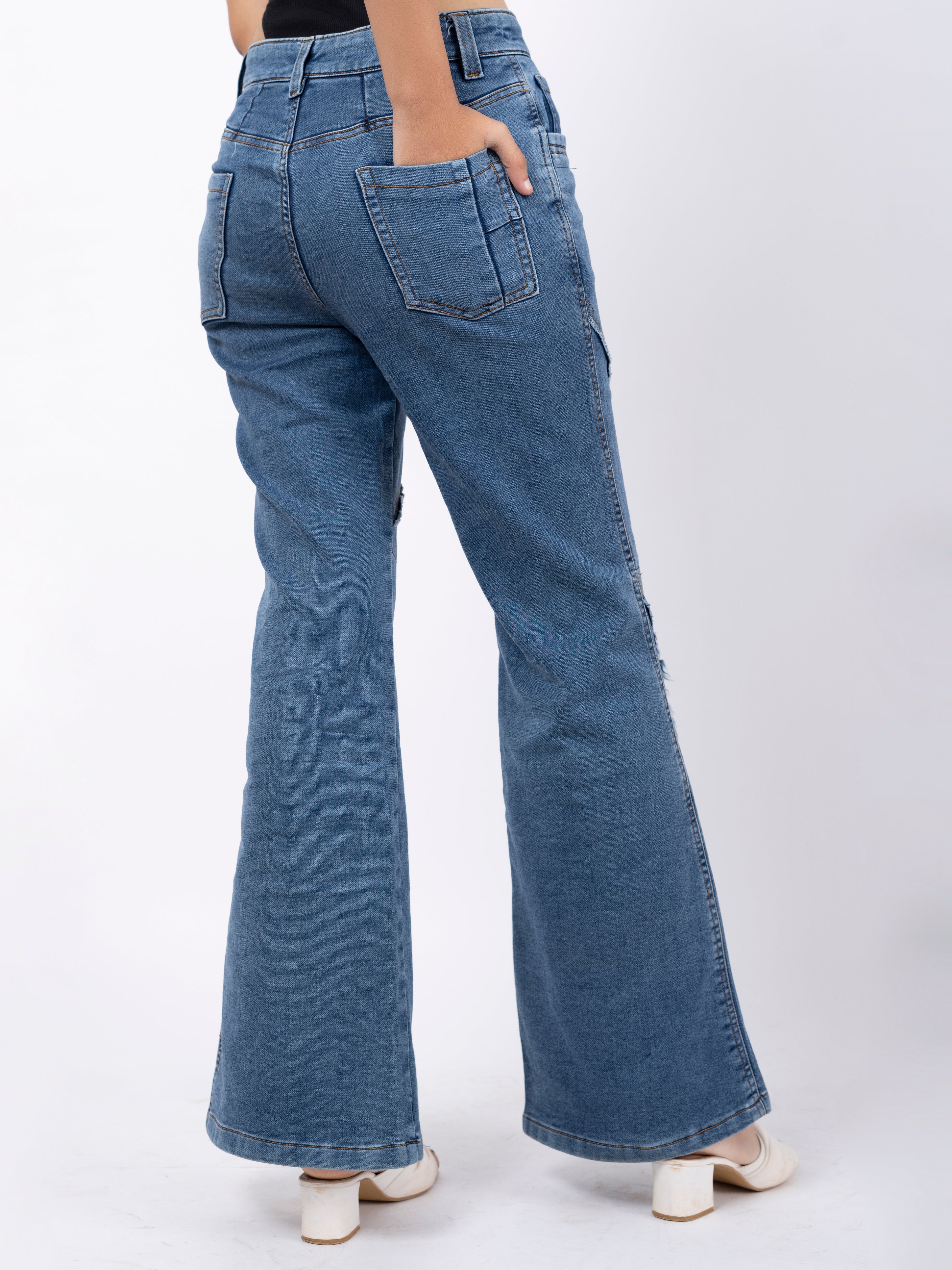 Disstressed Flared Denim Jeans